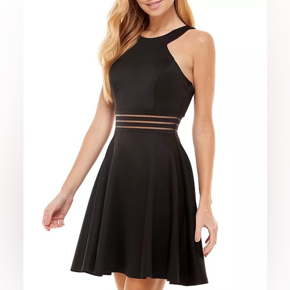 Juniors' Illusion-Waist Scuba Fit & Flare Dress